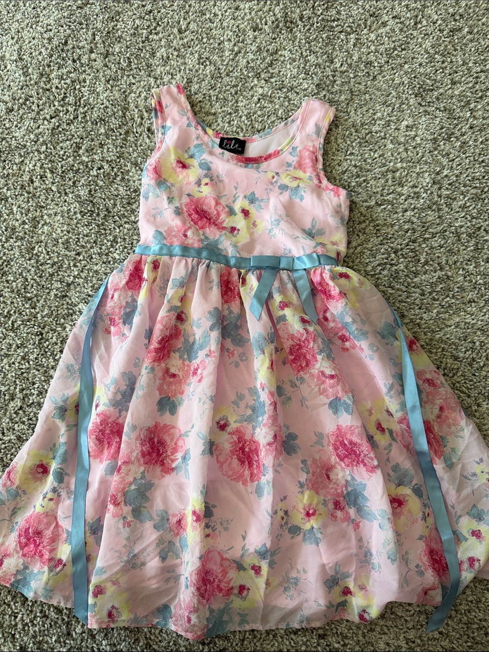 lilt Pink Floral Dress with Blue Ribbon Waist